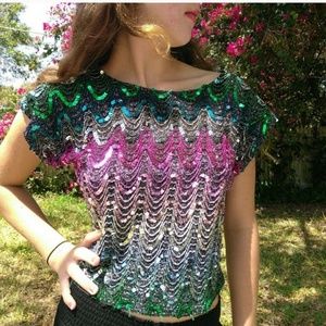 Vintage 1980s Rainbow Sequin Crop Top